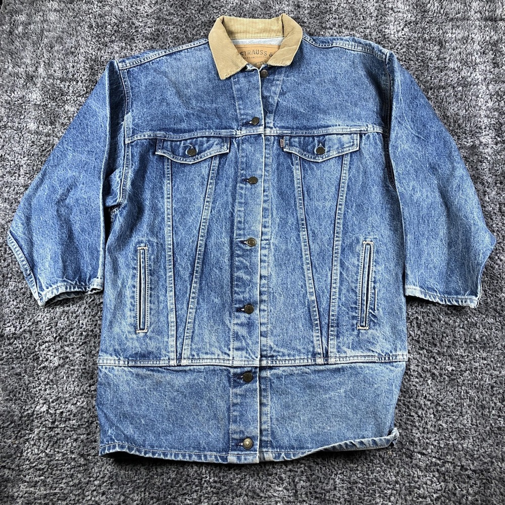 Vintage Levis Coat Womens Medium Blue‎ Denim Corduroy Collar Long Western USA - Picture 2 of 10